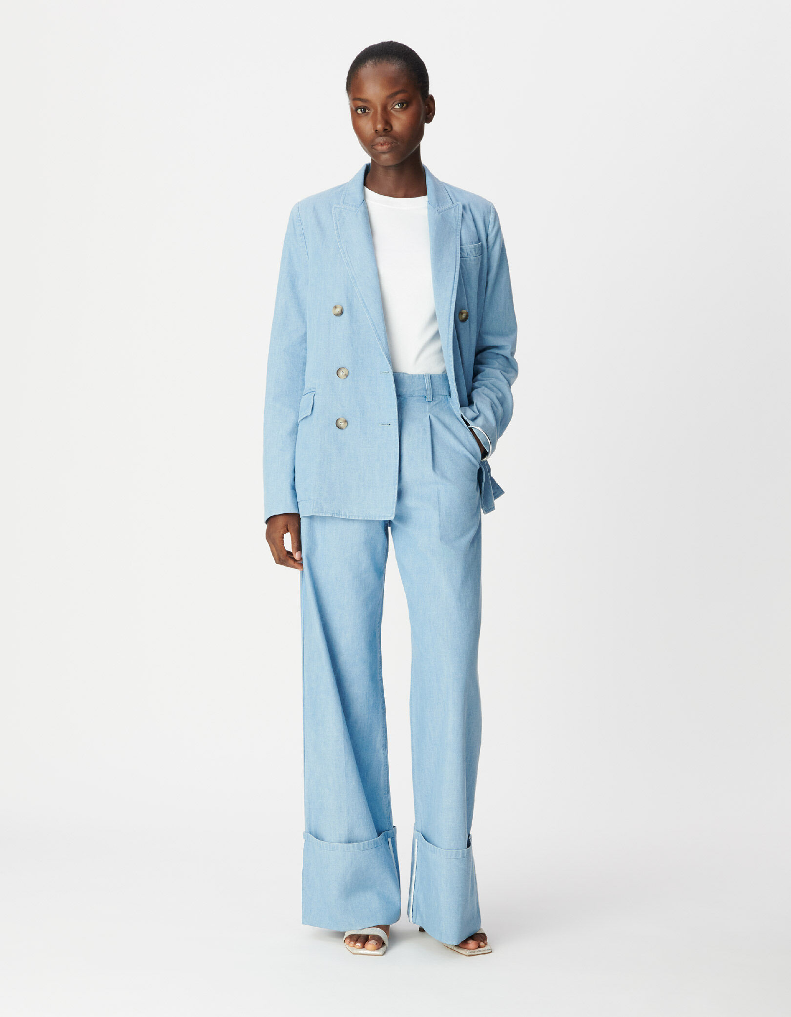 Veste de tailleur bleu chambray double boutonnage Femme