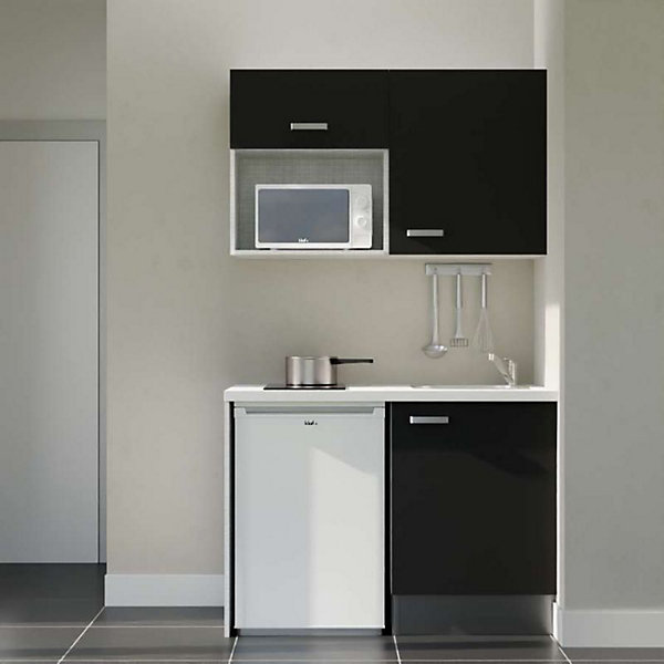 Kitchenette K07 façades Noir - Plan de travail Blanc - Crédences : Non - Evier inox - Electroménager Blanc inclus