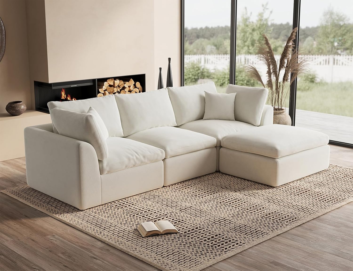 110 Cloud Sectional Couches for Living Room, Convertible L-Shape Couch with Ottoman, 3 Seater Modular Sectional Sofa, Warm White