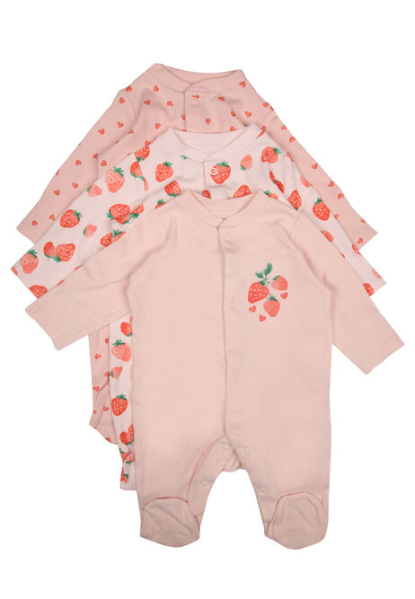 Baby Girls 3pk Pink Strawberry Sleepsuits