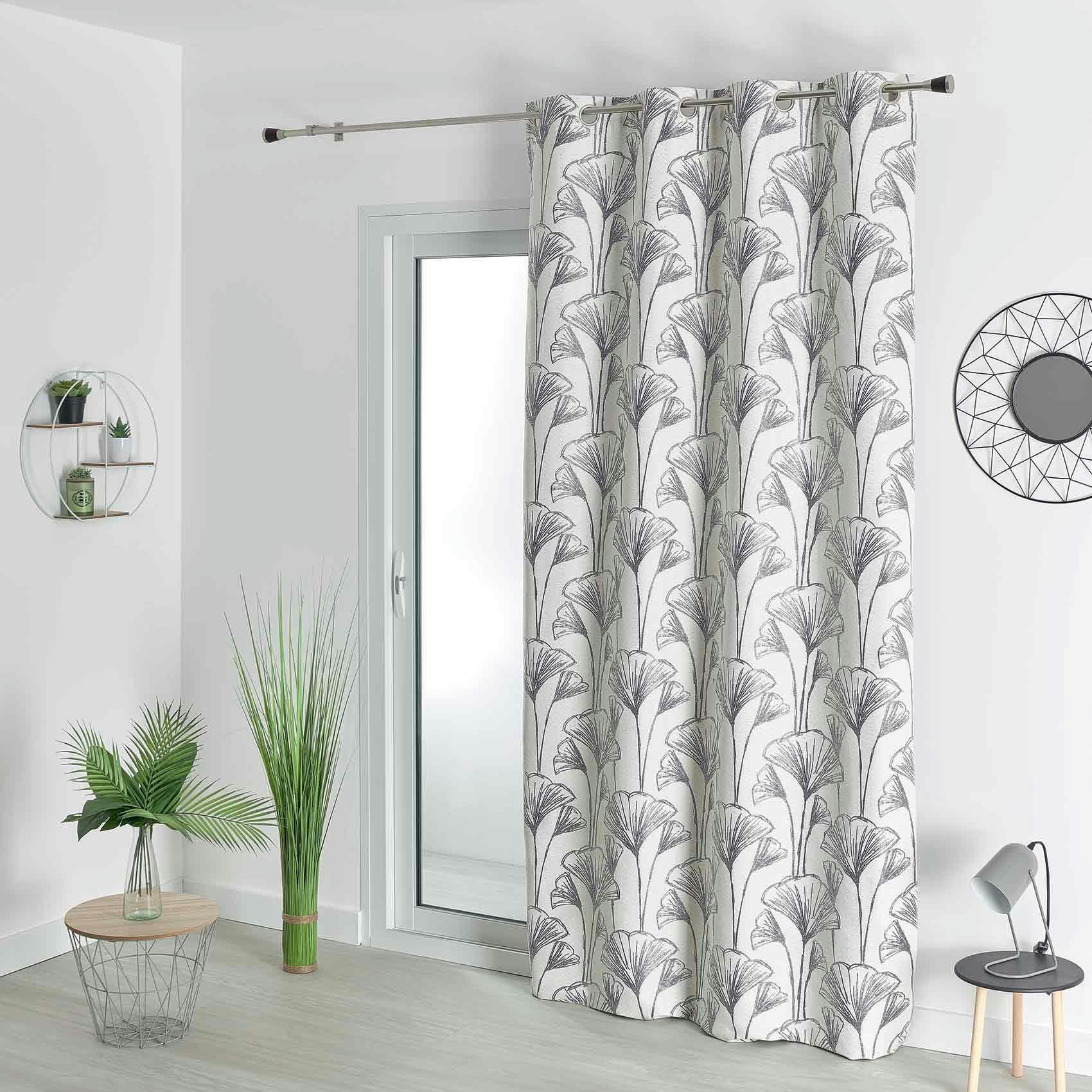 - Rideau jacquard fleurs de gingko gris clair