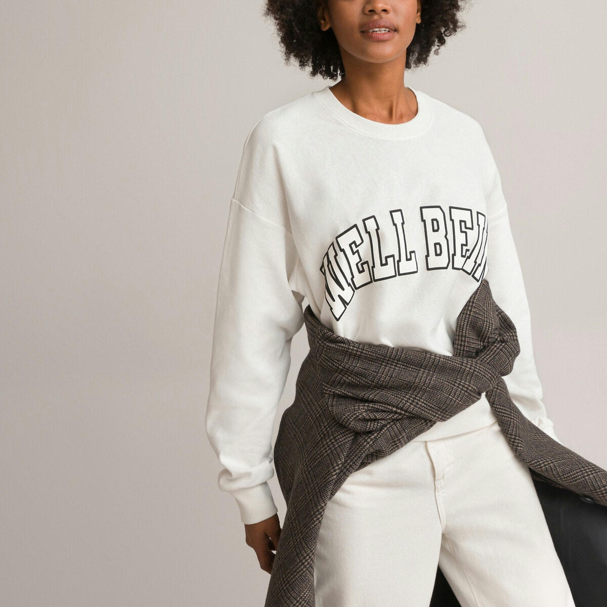 Sweat col rond imprimé devant, maille fine