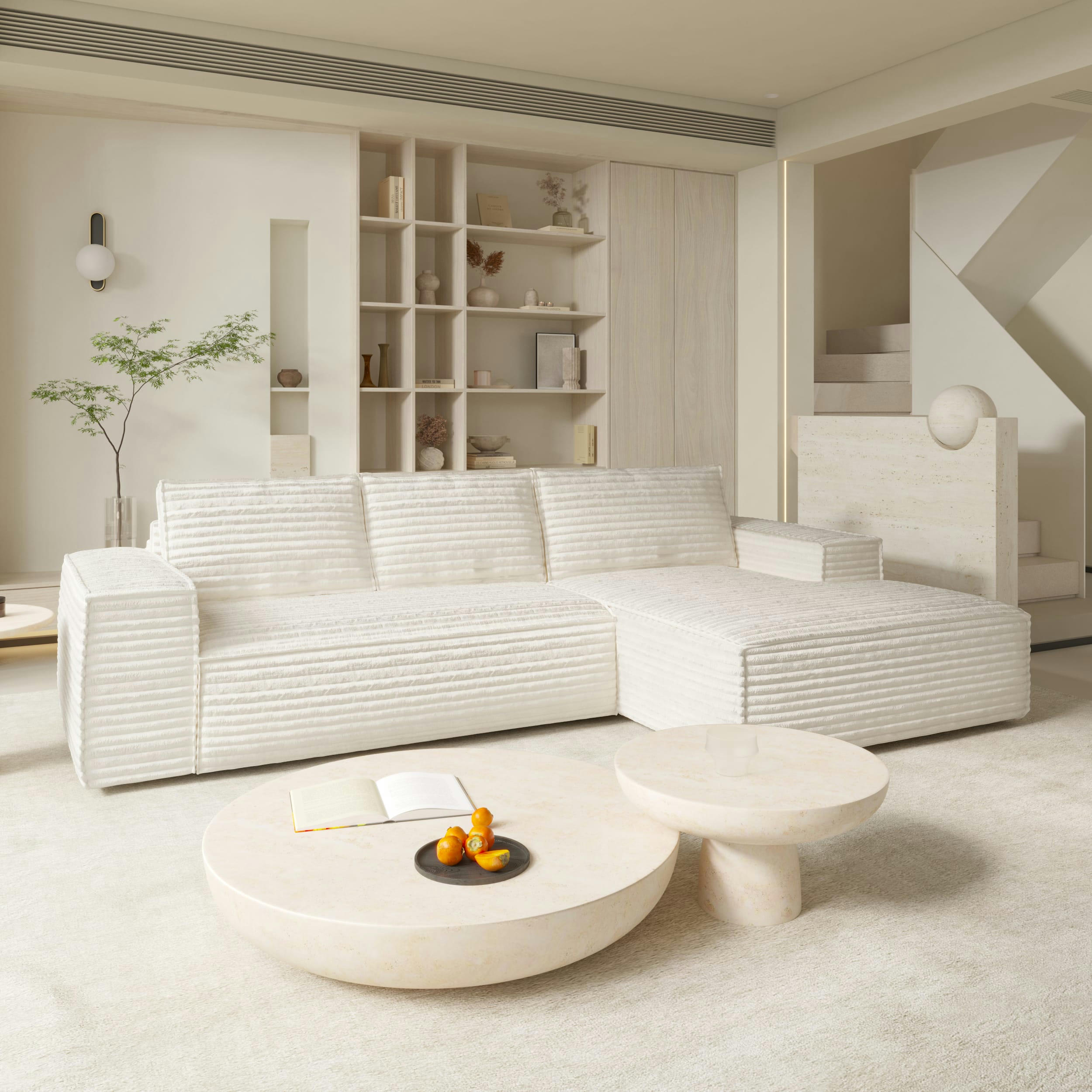 JOAN - Canapé convertible angle droit velours côtelé XXL crème 140cm