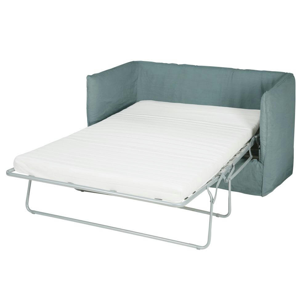 Louvain - Canapé convertible 2 places en lin bleu céladon, matelas 10 cm