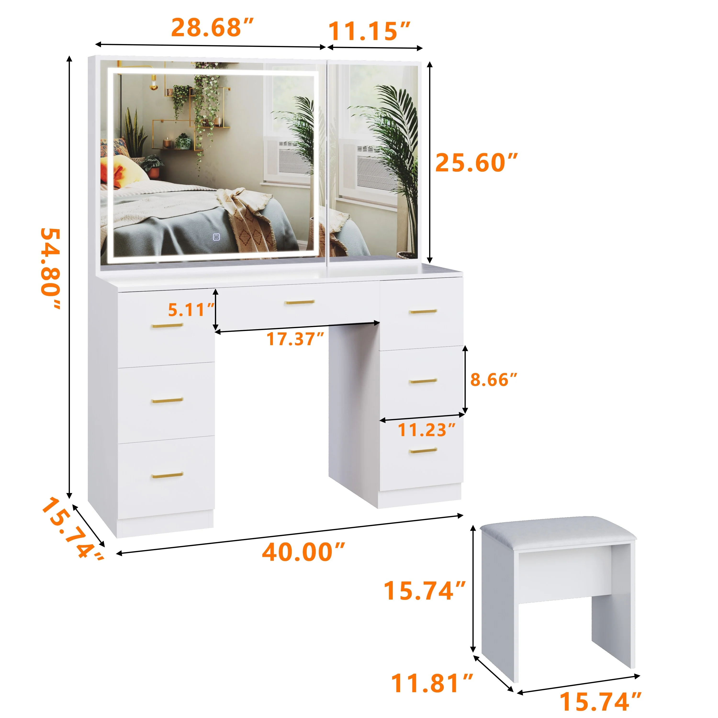 Vanity Set with Lighted Mirror,Extra Large Mirror Makeup Vanity Table with 7 Drawers,white