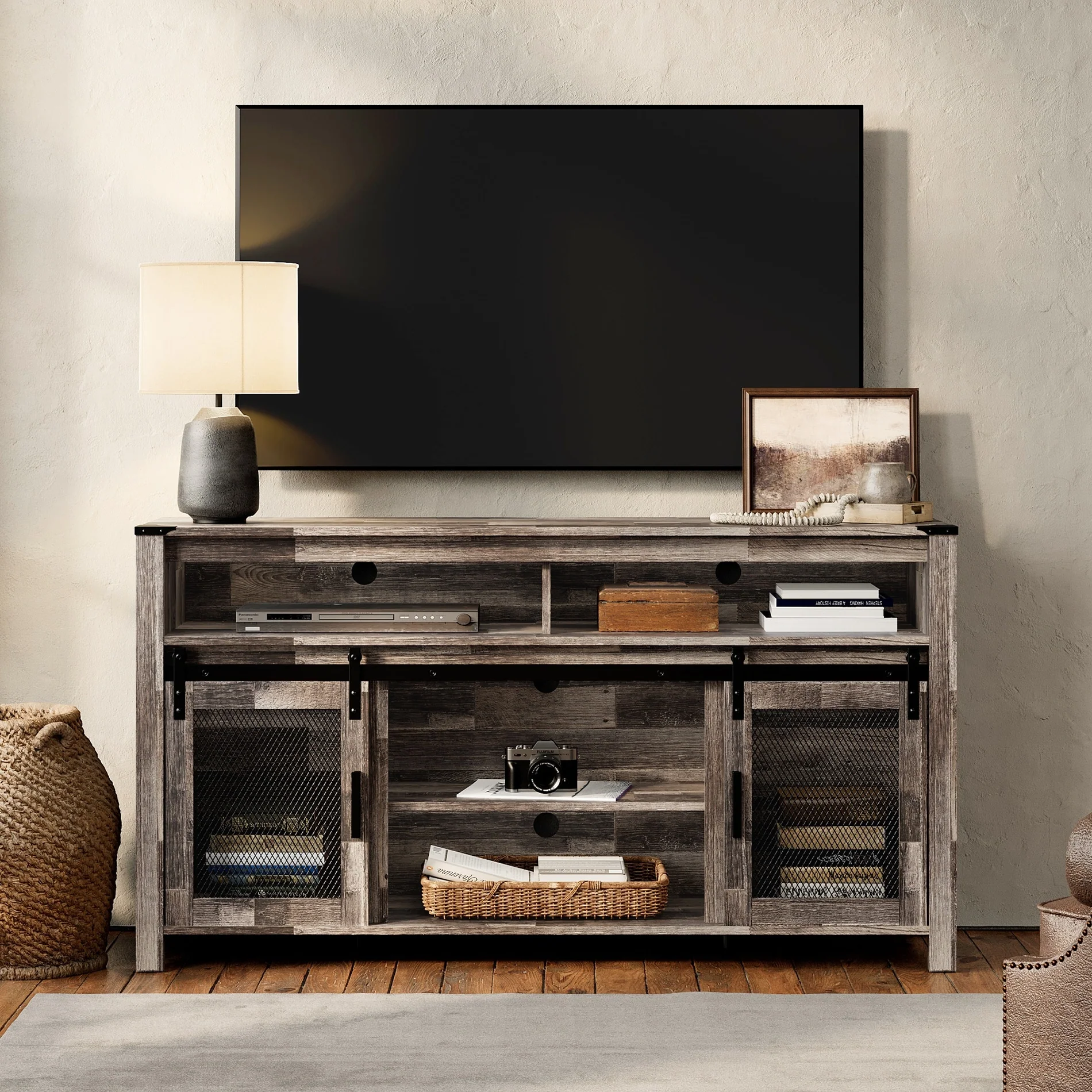 Rustic Wood Tall TV Stand with Mesh Barn Doors and Adjustable Shelf