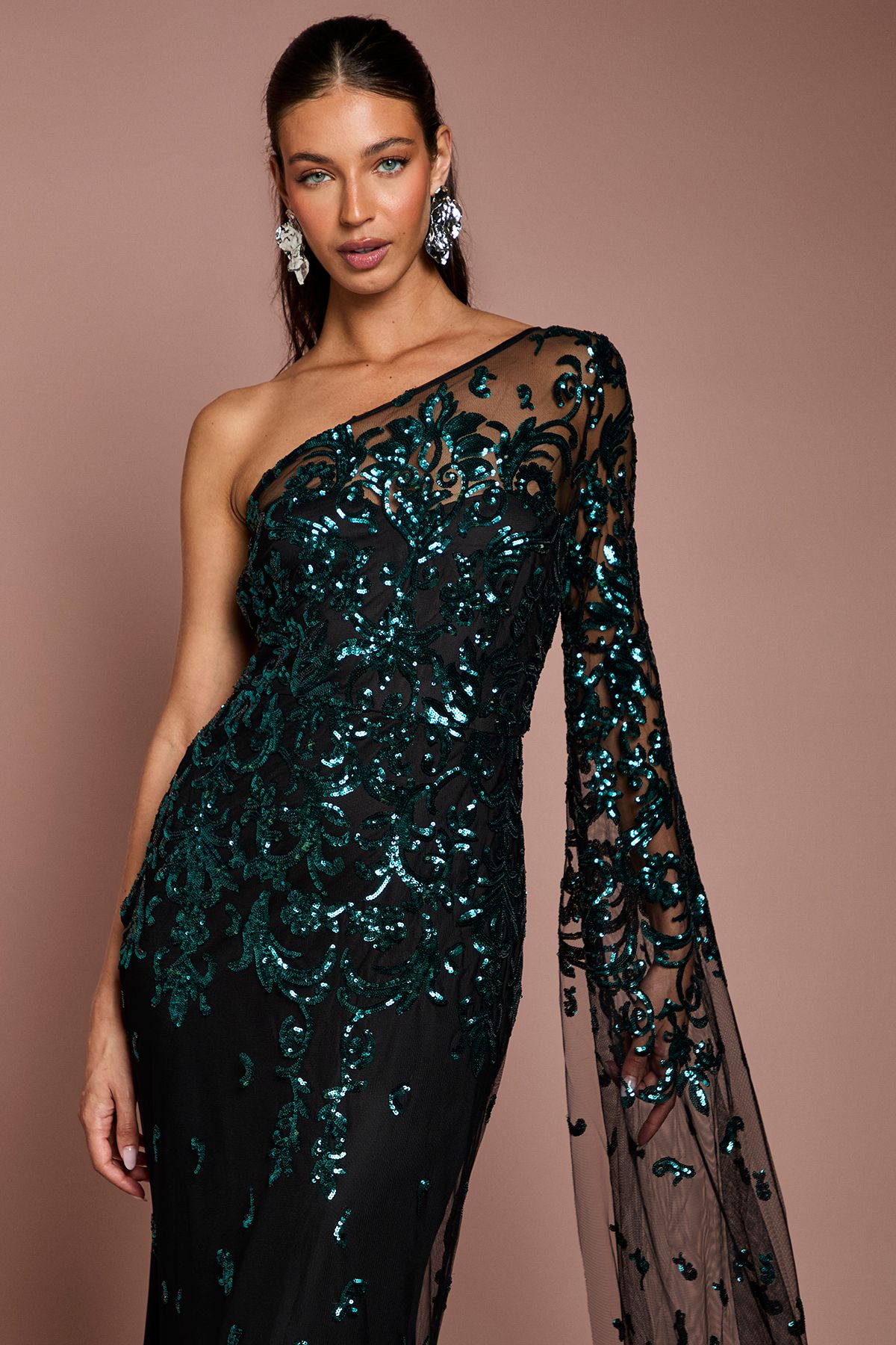 Coast One Shoulder Maxi Dress In Lace With Cape Sleeve