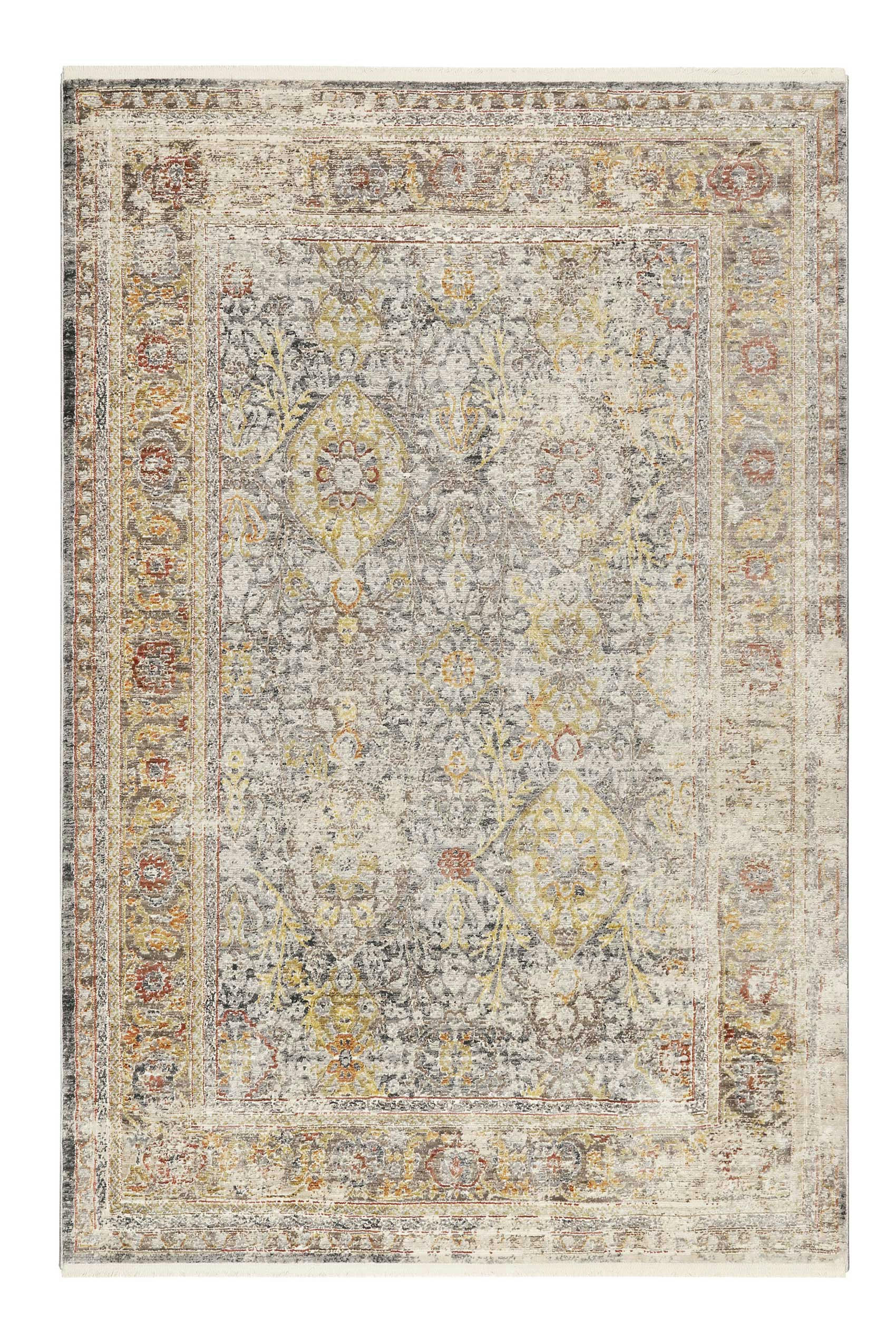 SOHO - Tapis vintage bohème à poils ras et franges gris jaune 290x200