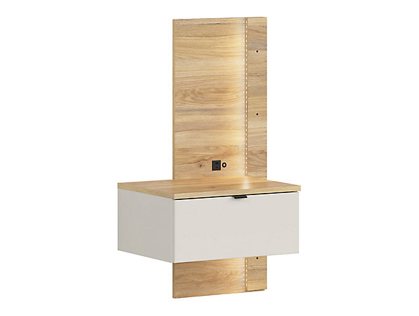 Lit double 160x200 avec 2 chevets à LED USB, coloris Chêne mauvella/Beige - L. 310,5 x P. 167 x H. 110/42,5 cm