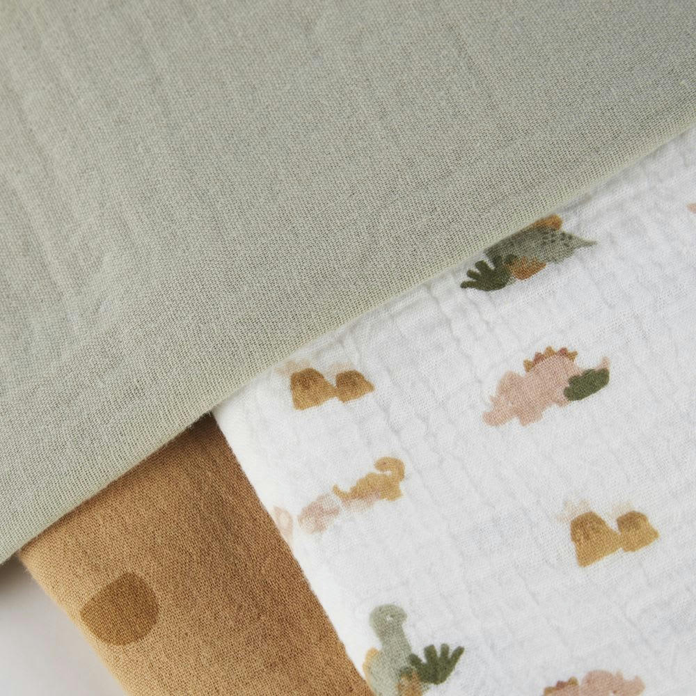 YUMA - Langes bébé en gaze de coton biologique blanc imprimé dinosaures, marron imprimé écailles et vert kaki (x3)