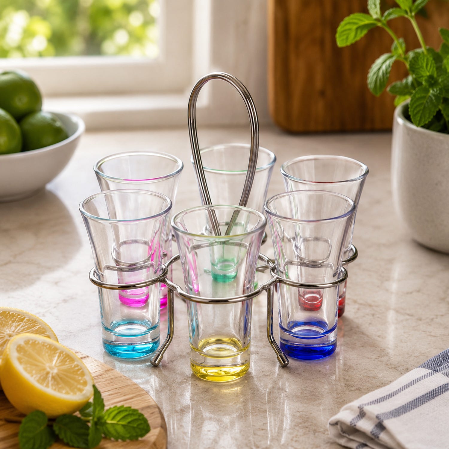 Set 6 bicchierini liquore vetro colorati con stand ad anello