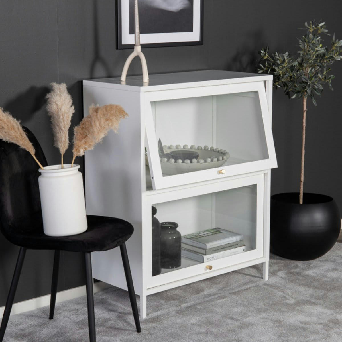 KUZCO - Buffet bas moderne en métal avec portes vitrées blanc