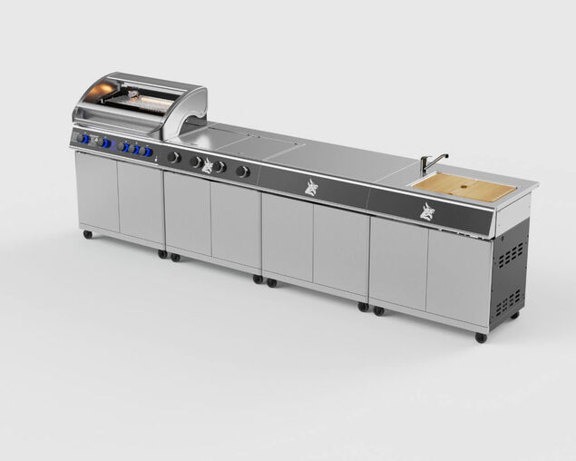 Beefmaster Deluxe 4 Burner Outdoor Kitchen with Range, Sink & Bench on Deluxe Carts