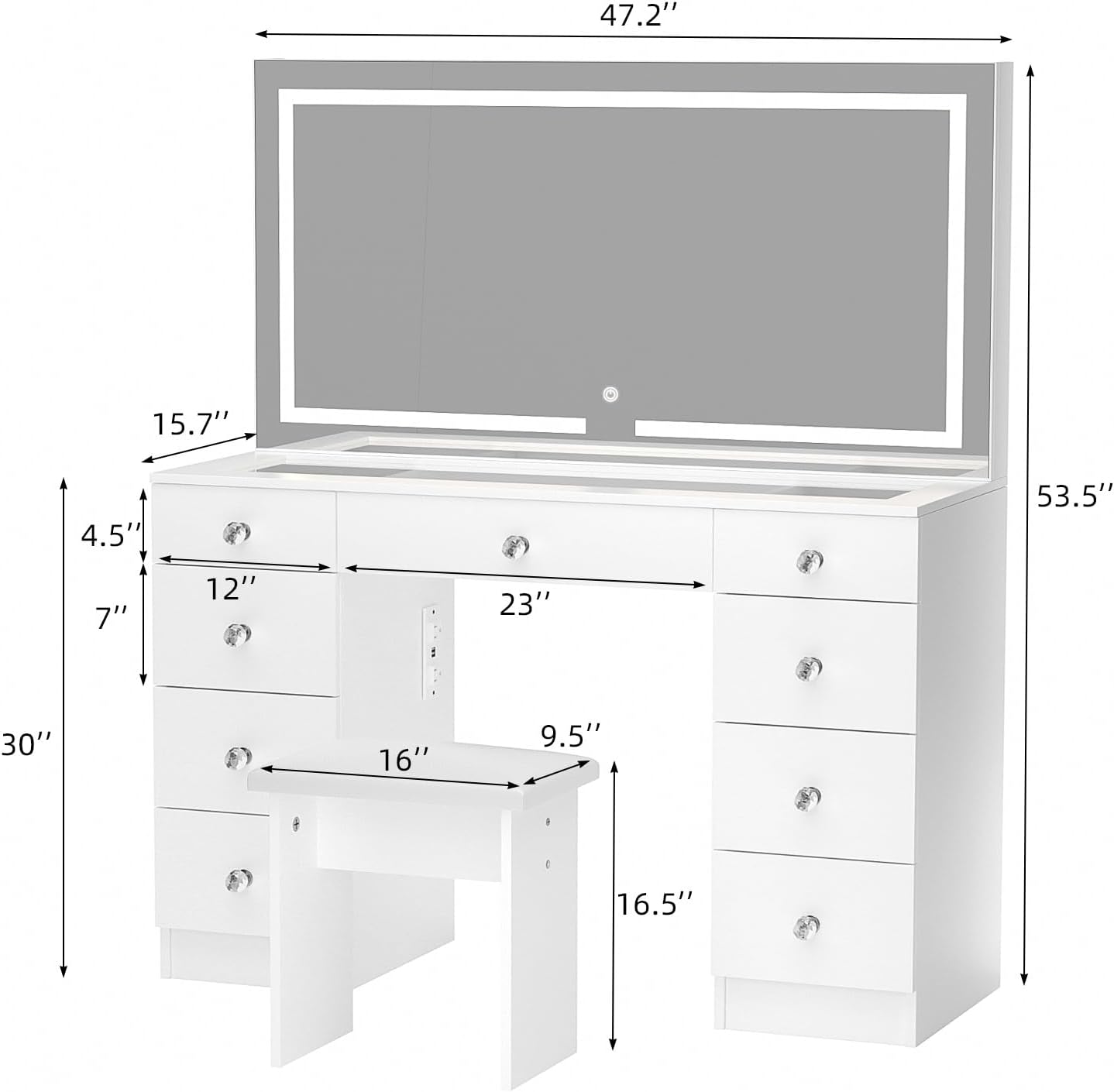 VOWNER Vanity with Lighted Mirror - 47 Glass Top Makeup Vanity Desk with 9 Drawers and Power Outlet, 3 Color Lighting Modes Adjustable Brightness, Makeup Desk with Cushioned Stool for Bedroom, White