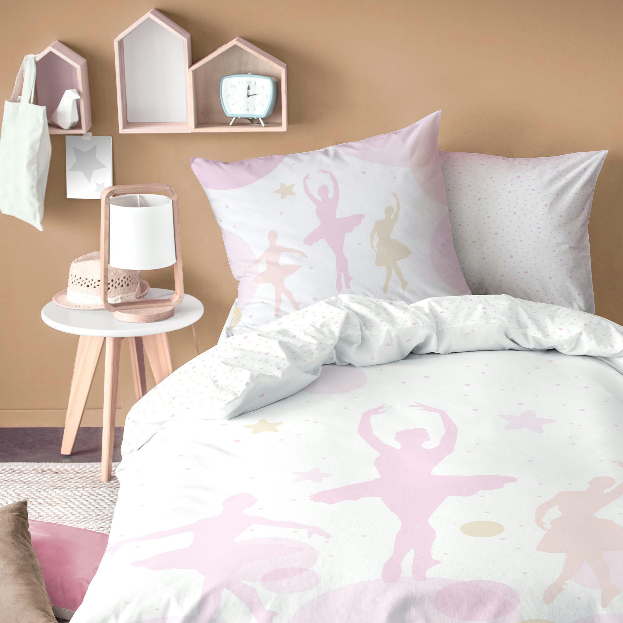 OPÉRA - Parure de lit imprimée en coton Blanc, Rose 140x200+63x63cm