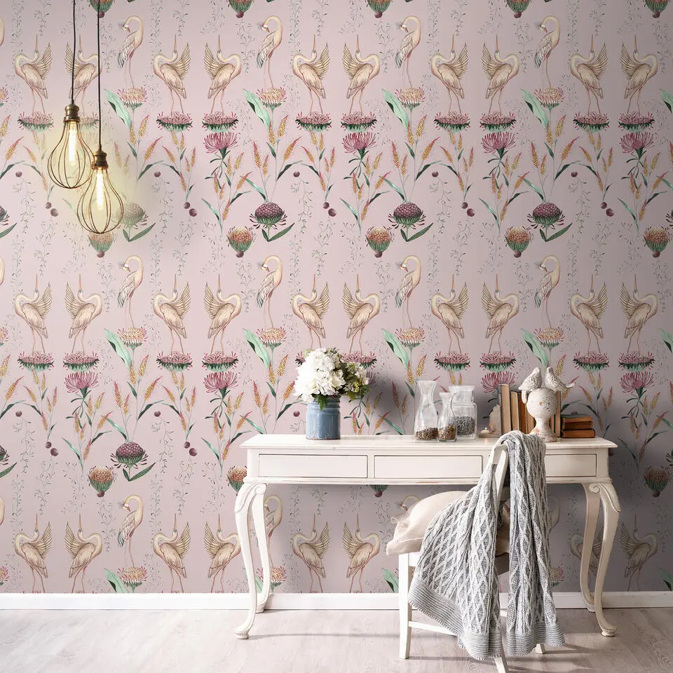 Walls4You behang kraanvogels roze - 53 cm x 10 m