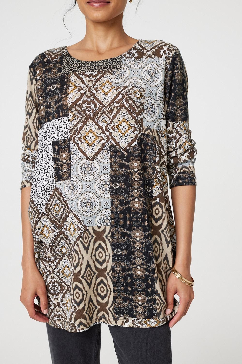 Izabel London Patchwork Print Long Sleeve Scoop Neck Tunic