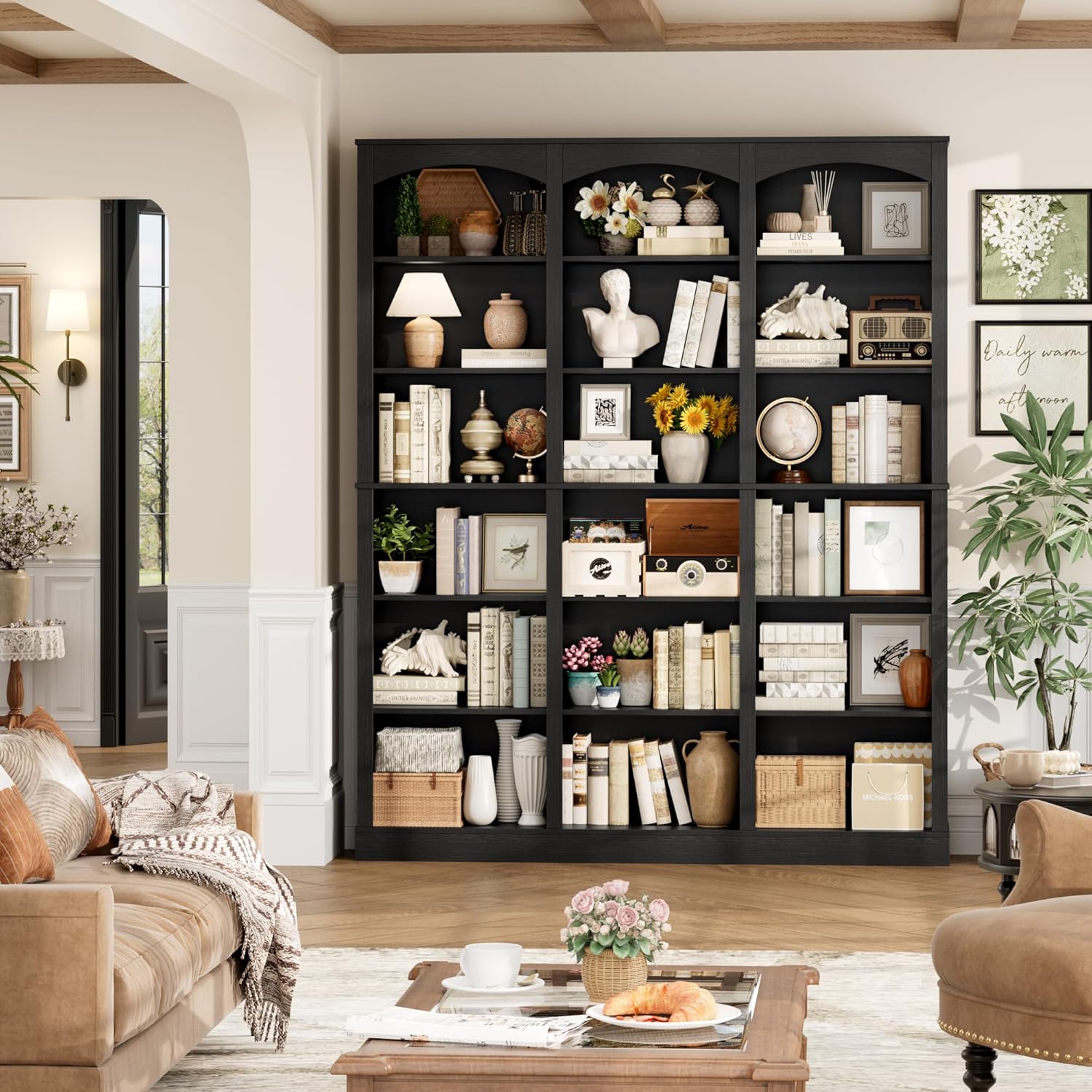 FACBOTALL 71 Triple Wide Bookshelf, 6 Tier Tall Bookshelf, Large Book Shelf with Curved Baffle, 63.4 Wide Bookcase with 18 Open Display Shelves for Living Room, Study, Black