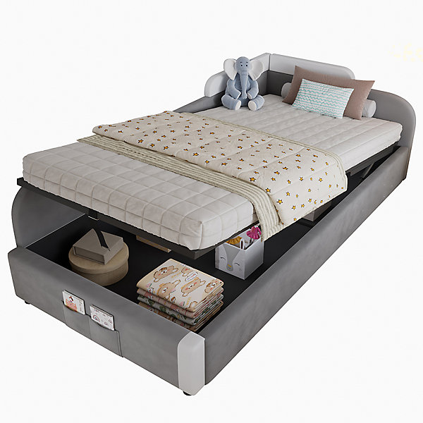 Lit enfant 90x200 cm, hydraulique, barrière, sac rangement, contreplaqué - gris (gauche)