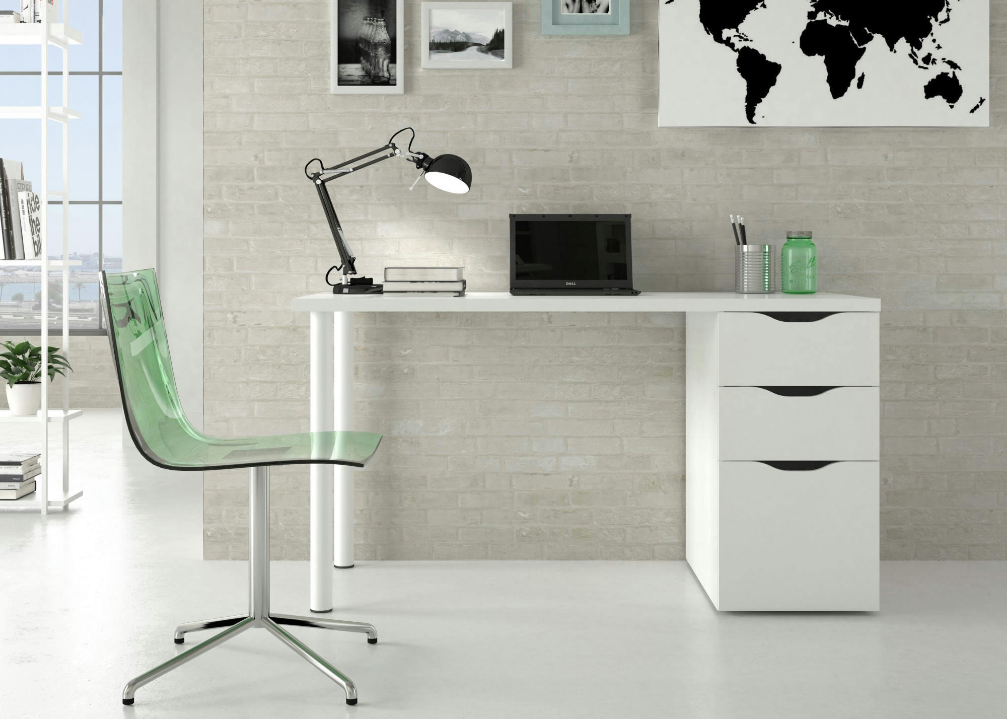 DDAMIC - Bureau avec 2 tiroirs et 1 porte effet bois blanc
