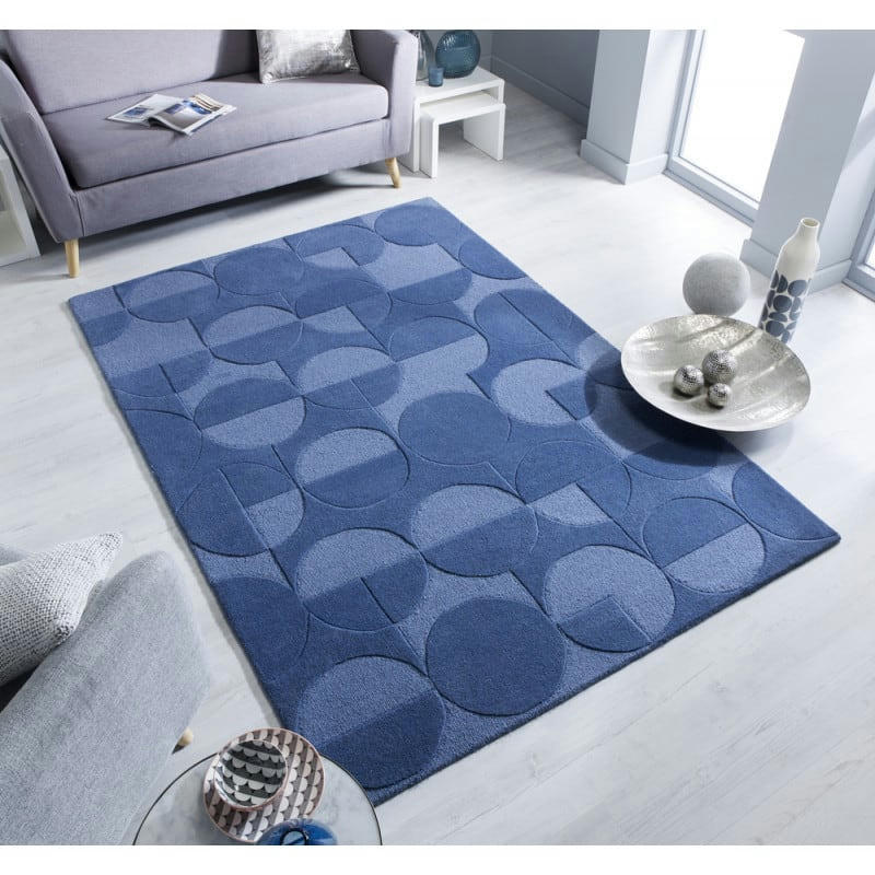 FR DESIGN - Tapis géométrique design en laine bleu jeans 160x230