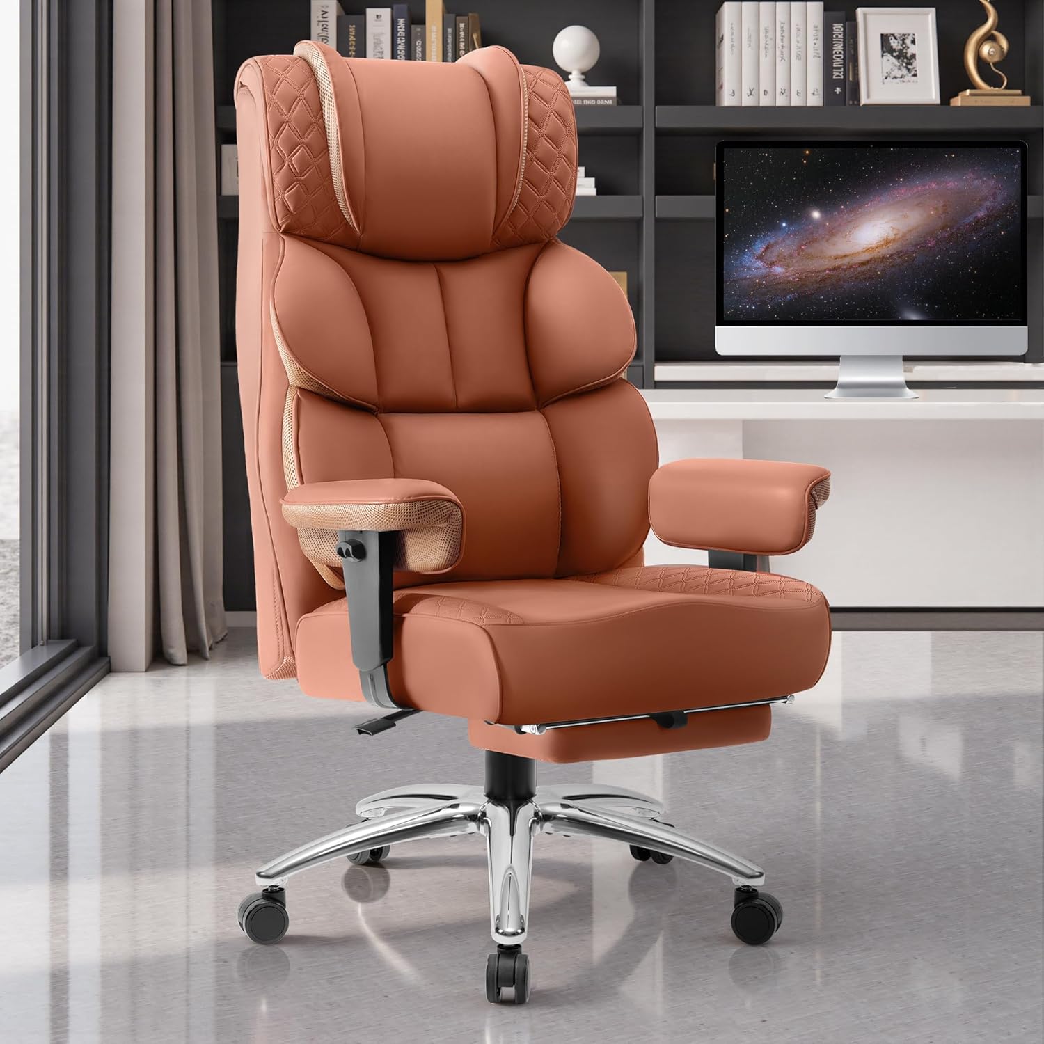 BestGlory Office Desk Chair, Big and Tall Leather Gaming Chair with Footrest, Wide Ergonomic Comfy Executive High-Back Reclining Computer Chairs, Swivel Rolling Wheels and Padded Lumbar Support, Brown