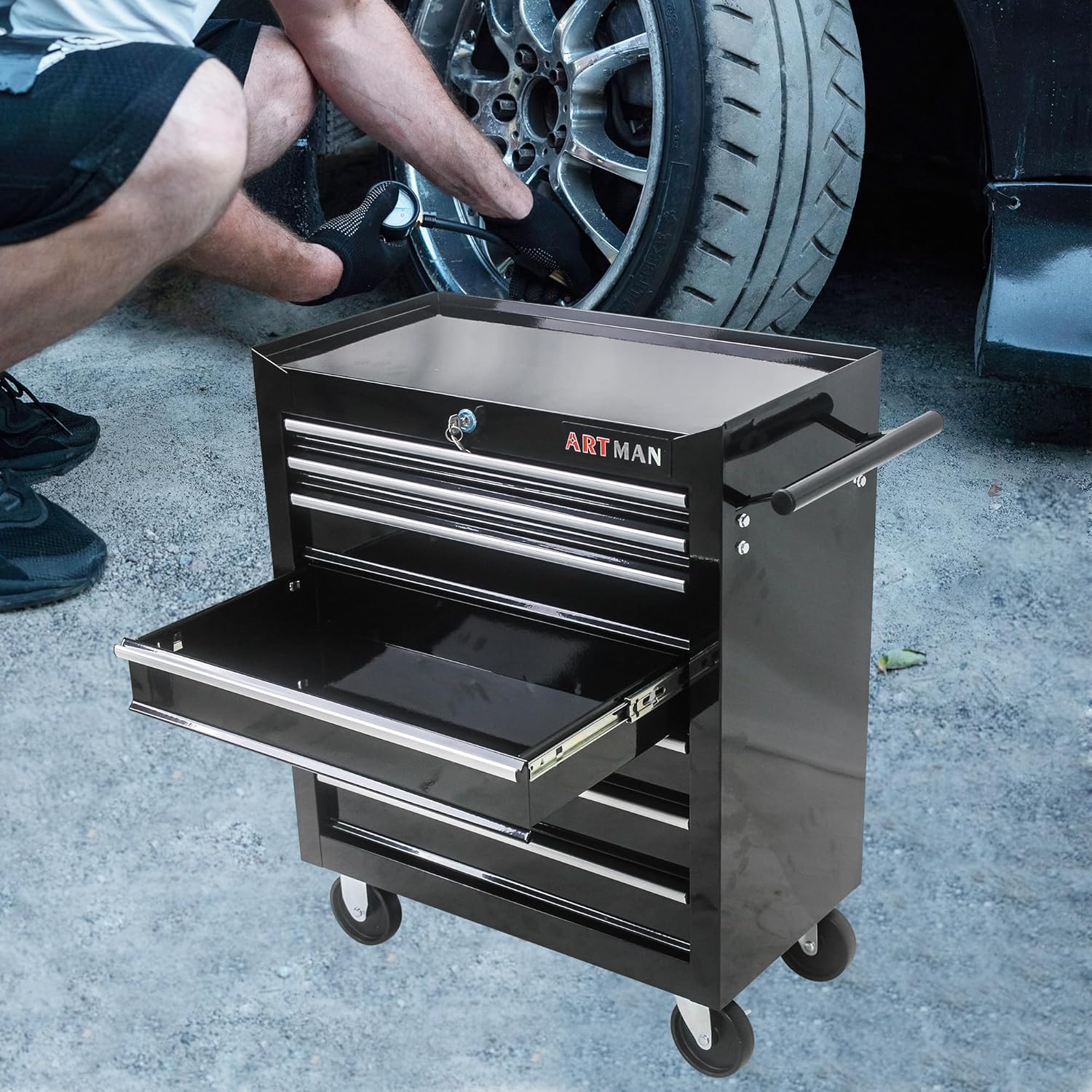 7-Drawer Rolling Tool Chest Cabinet, Large Capacity Metal Tool Box with Wheels and Keyed Locking, Roll Around Storage Organizer Tool Cart for Garage, Warehouse, Work Shop (Black04)