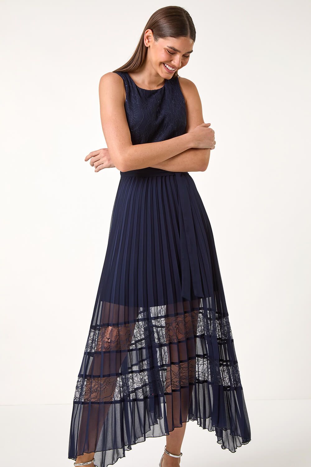 Roman Pleated Lace Detail Midi Dress