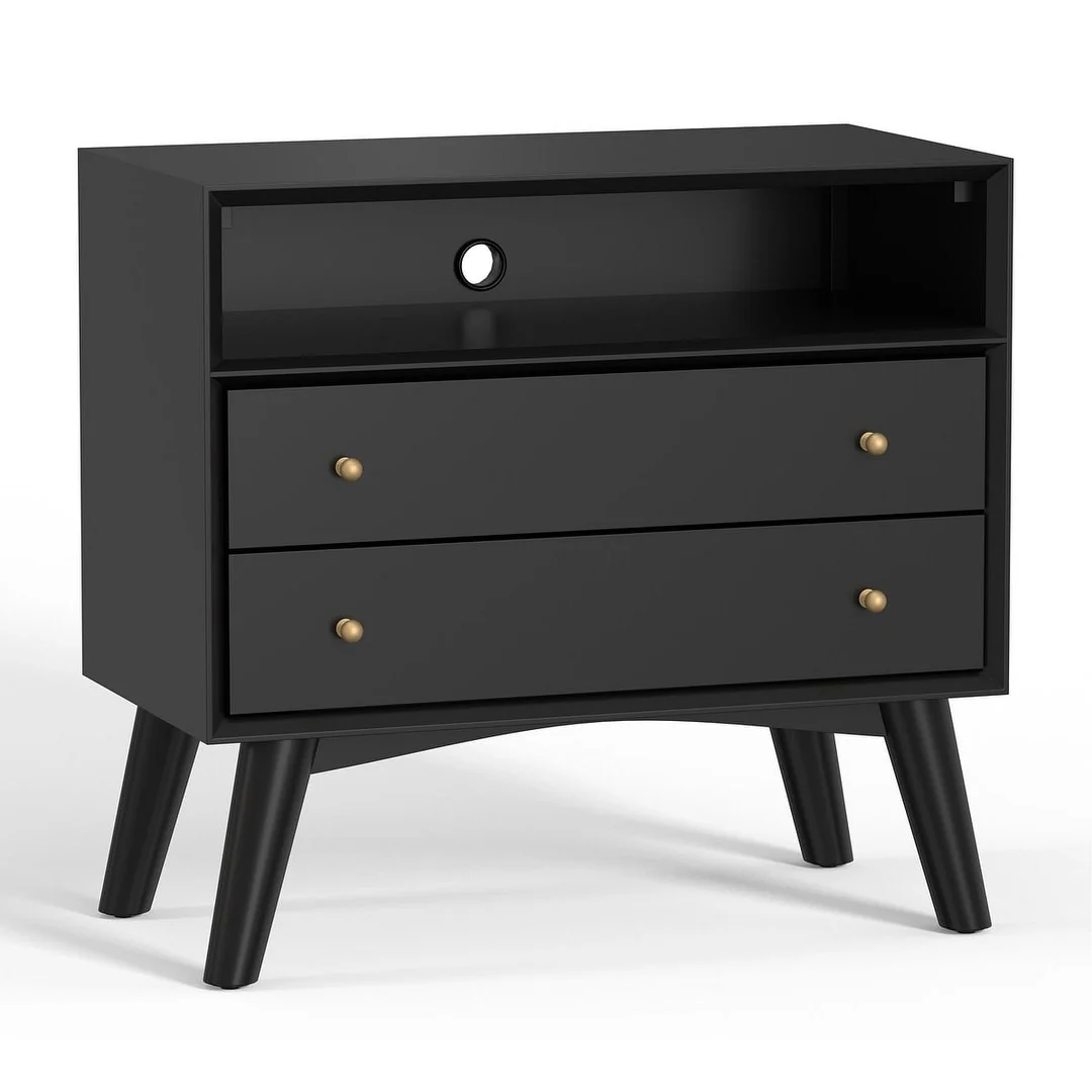 Alpine Furniture Flynn Large 2 Drawer Wood Nightstand, Black