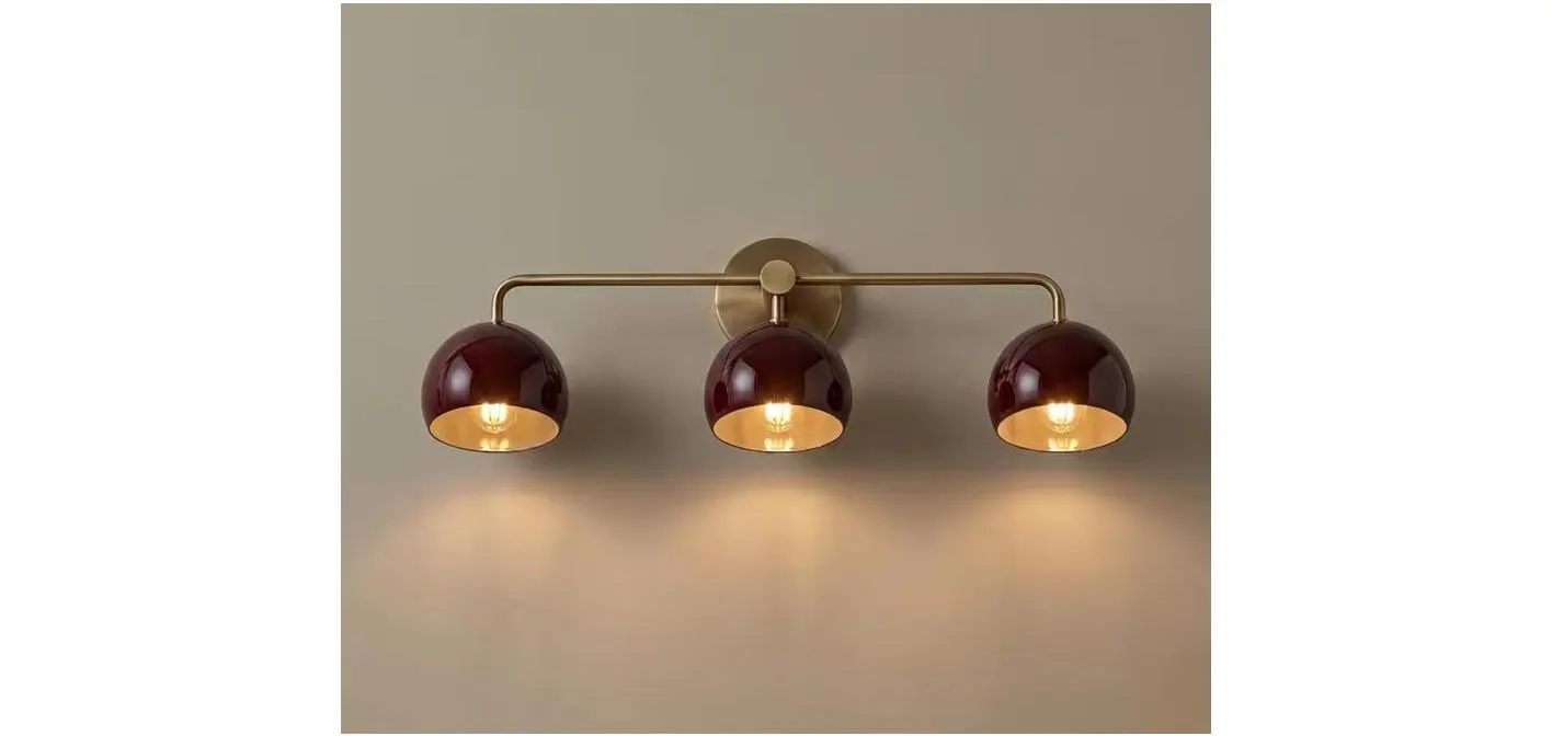 Mid Century Modern Brass Wall Sconce Shades 3 Light Vanity Wall Light Triple Burgundy Wall Lamp