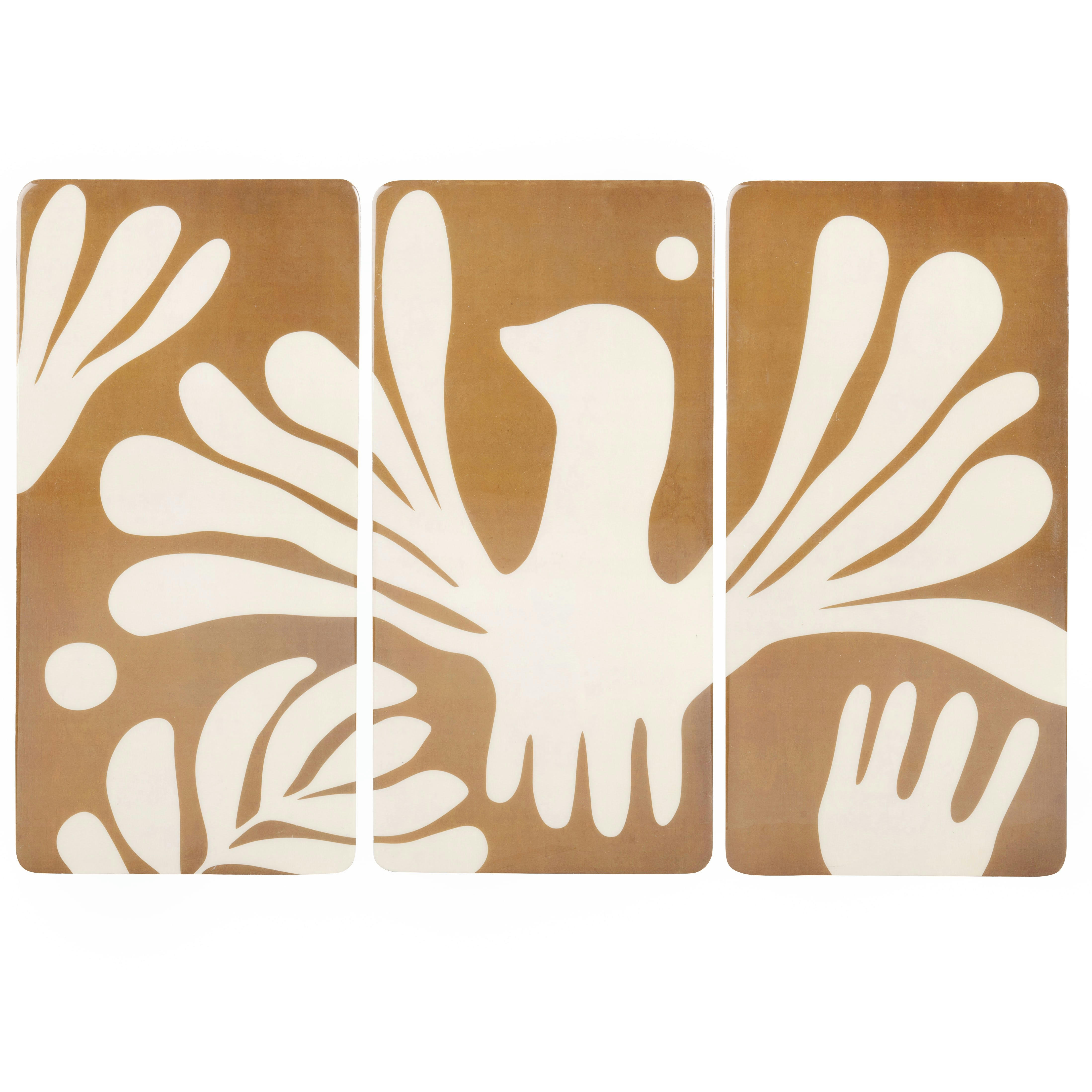 ANDRES - Triptyque en manguier imprimé chimère ocre et beige 66x45