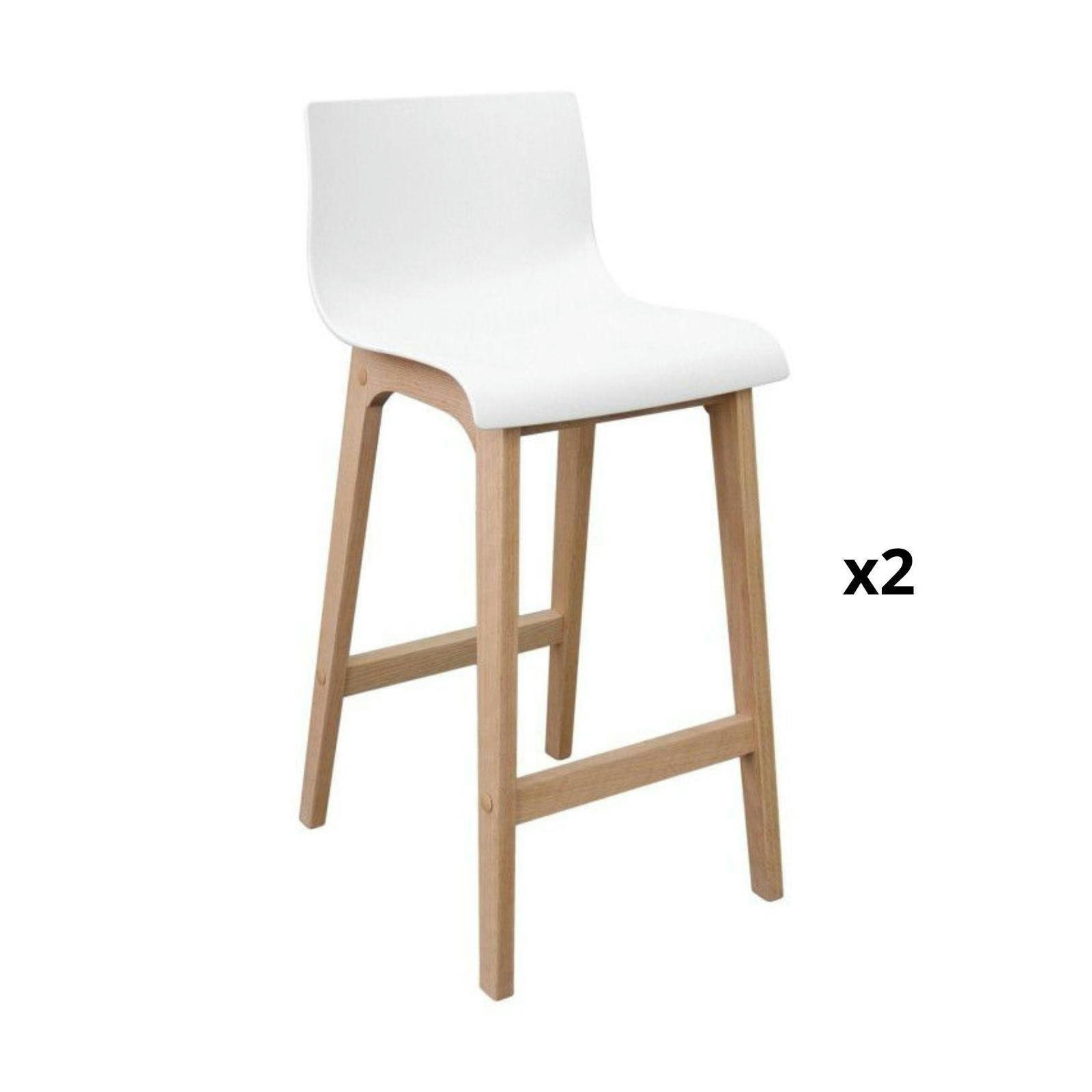 TANNA - Tabourets d'ilot 65 cm  pieds chêne assise plastique blanche -Lot de 2