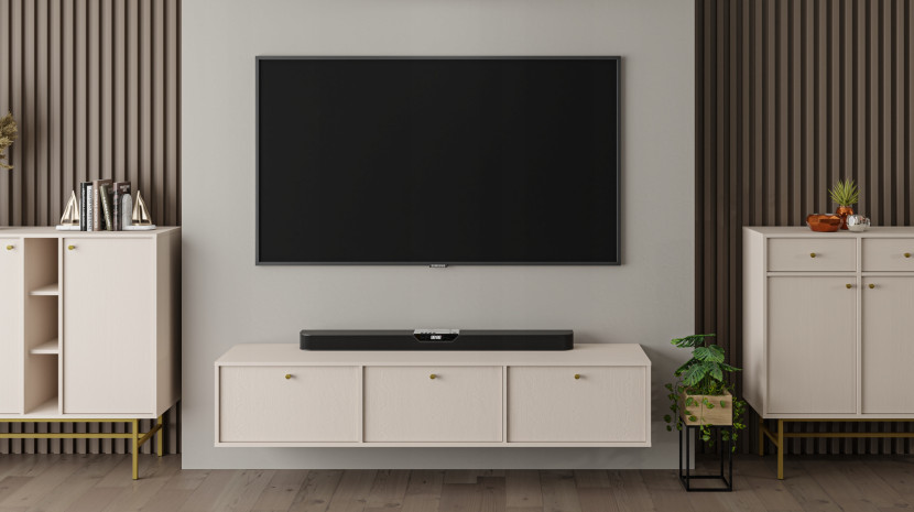Beżowa SZAFKA RTV 180 cm AVILA Wisząca Złote Uchwyty METAL