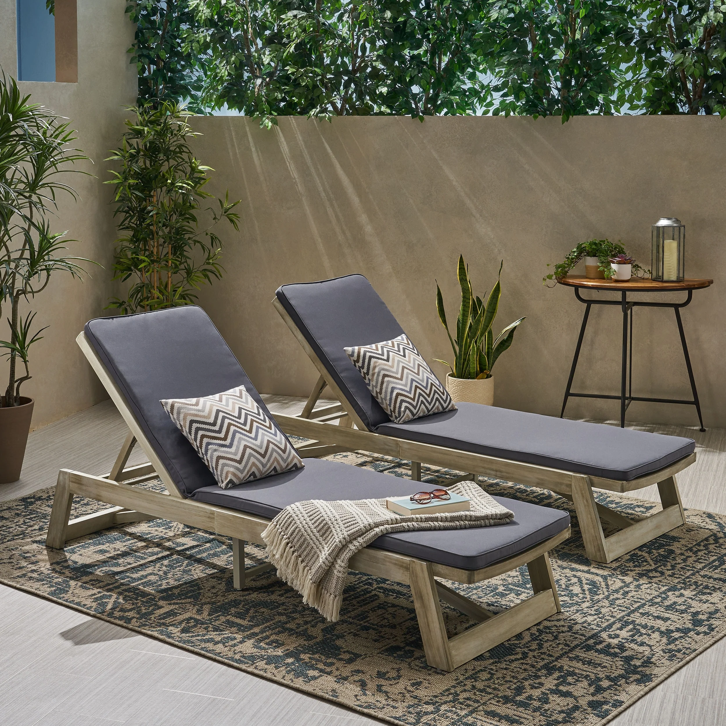 Maki Outdoor Acacia Wood Chaise Lounge and Cushion Set (Set of 2) by Christopher Knight Home