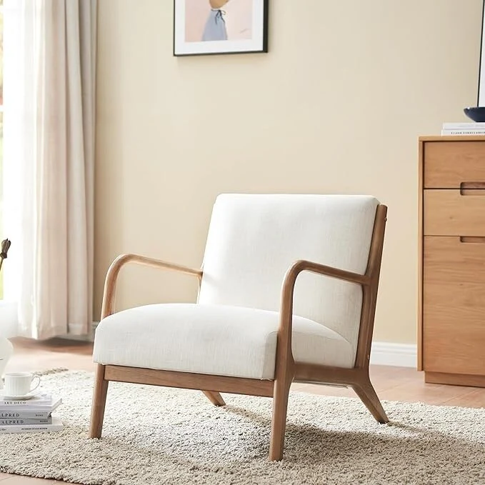 White Fabric Modern 32.5 Accent Chair with Wood Frame