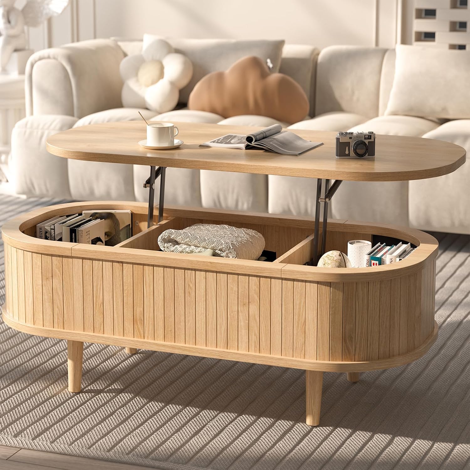 Easyego Oval Lift Top Coffee Table with Storage, 40 Fluted Modern Hidden Compartment Center Table for Living Room, Small Space Apartment, Home Office Desk, Natural