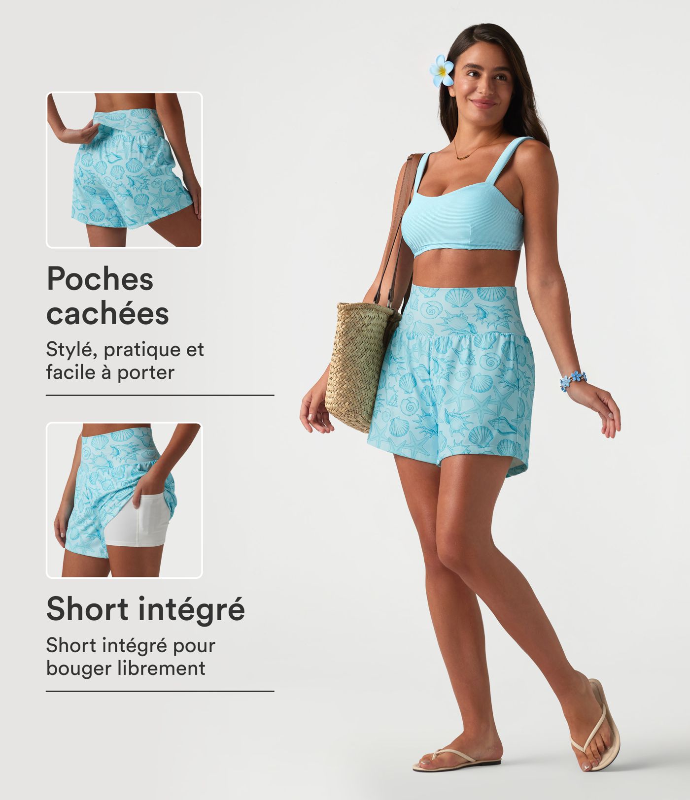 Short taille haute 2 en 1 à motif coquillage 12,5 cm avec poches