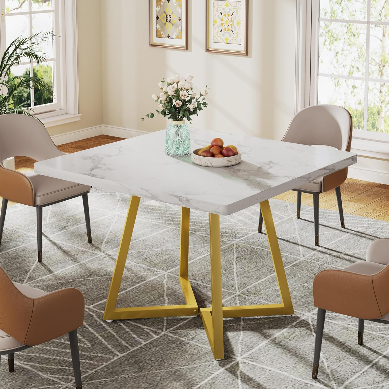 Tribesigns Square Dining Table for 2, 31.5 Modern Dinner Table with Metal Base, Kitchen Table for Dining Room, Small Space, Apartment, White & Gold