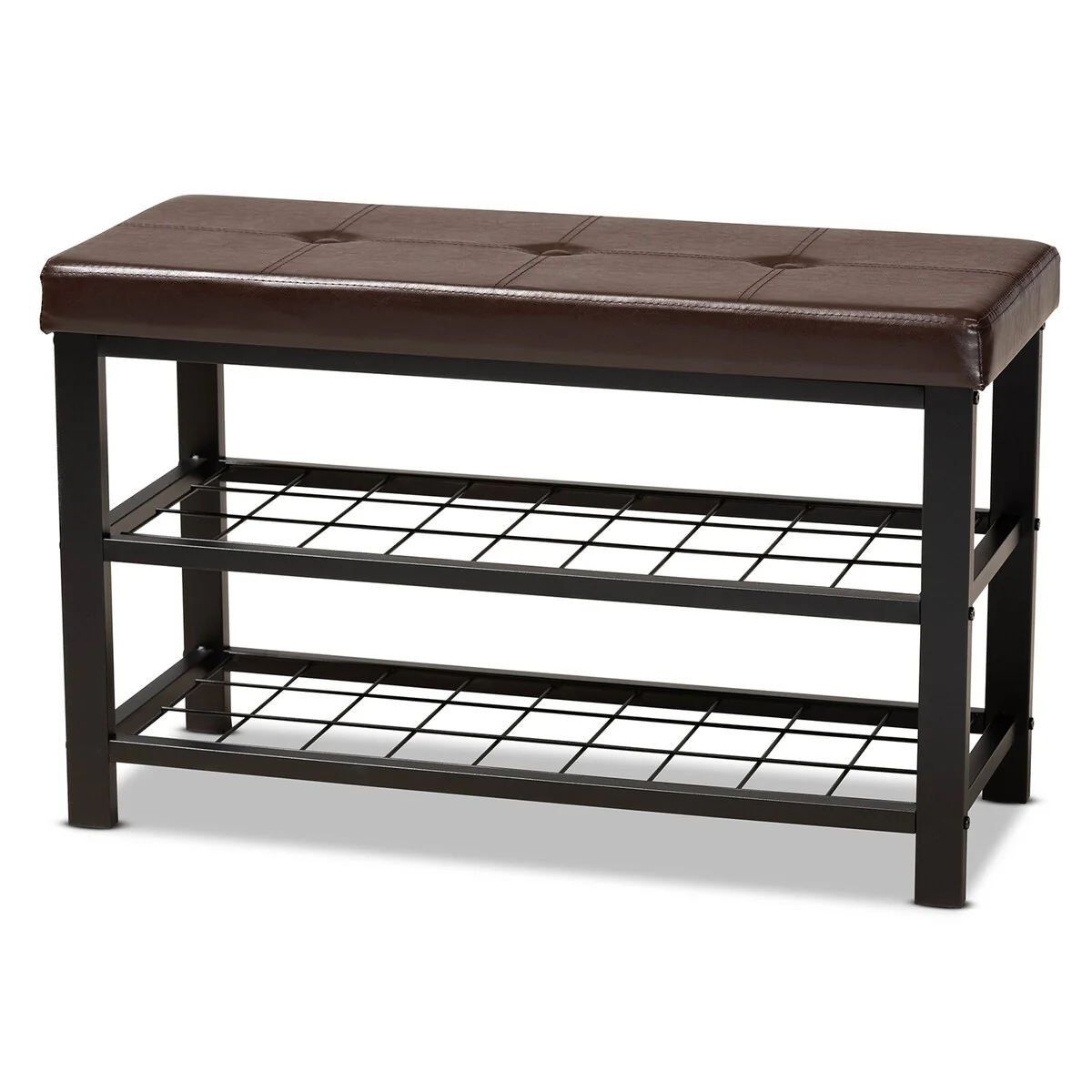 Rance Industrial Faux Leather and Metal Shoe Storage Bench- Dark Brown