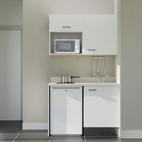 Kitchenette K07 - 120 cm - façades Blanc - Plan monobloc en quartz coloris Snova évier à droite - Electroménager Blanc