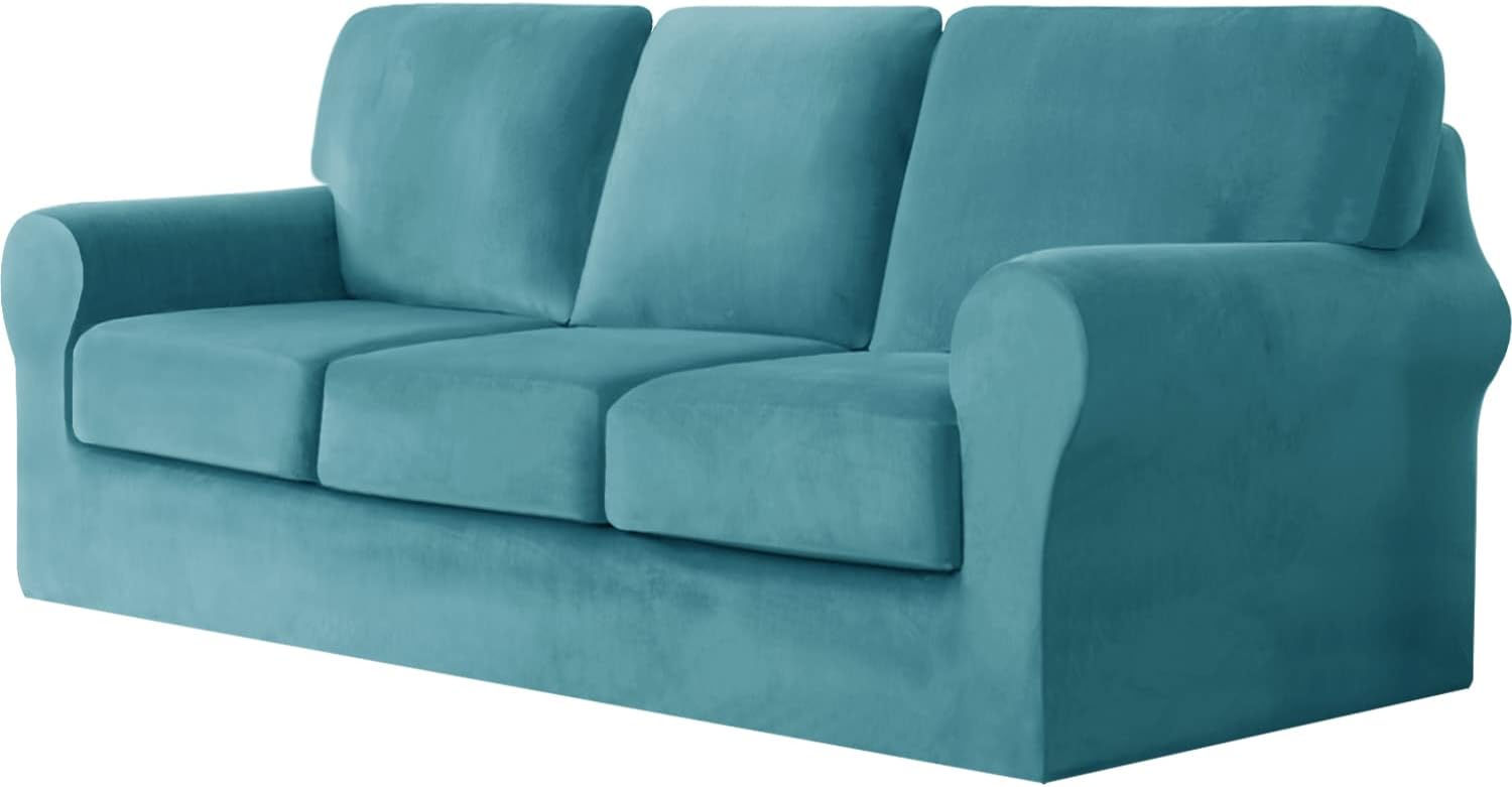 7 Pieces Velvet High Stretch Sofa Covers for 3 Cushion Couch Sofa Slipcovers, Washable Furniture Protector with Drawstring Anti Slip Bottom, Soft and Plush Fabric for Kids and Pet (Blue)