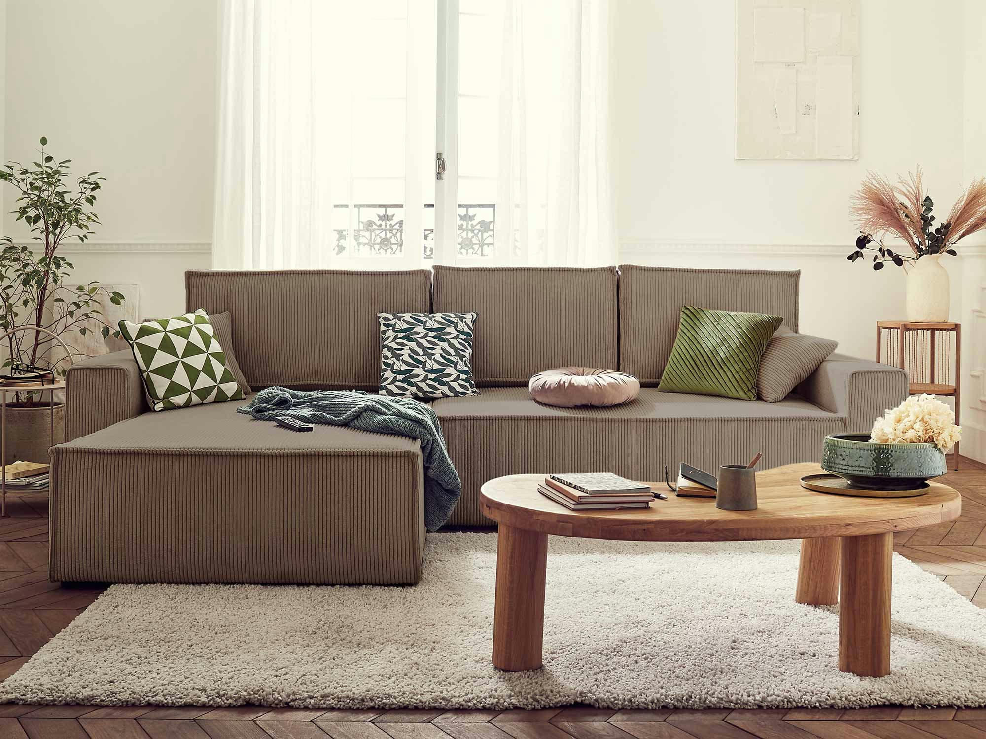 DELLIA - Canapé d'angle réversible convertible 4 places en velours côtelé taupe