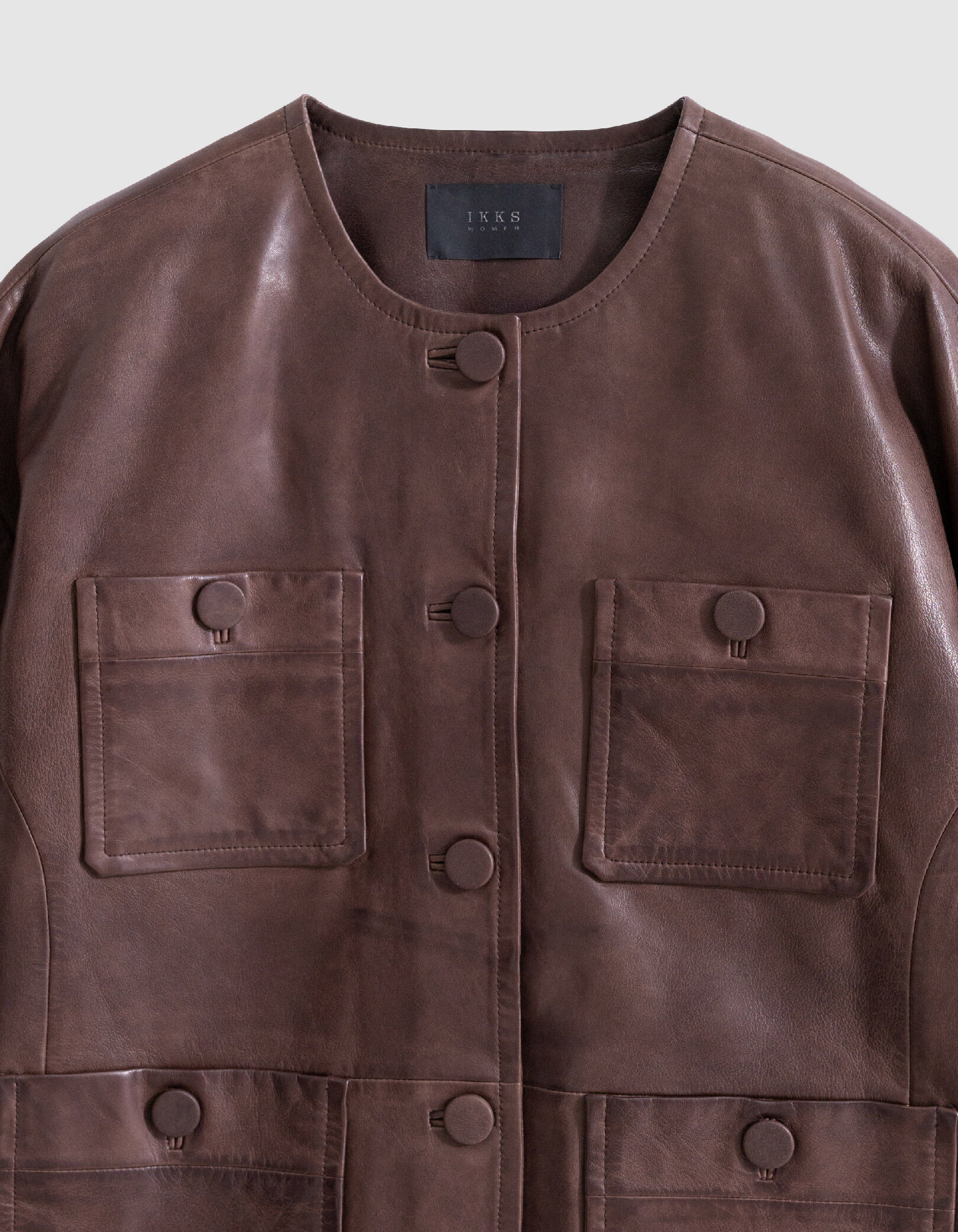 Manteau marron cuir délavé poches plaquées Femme