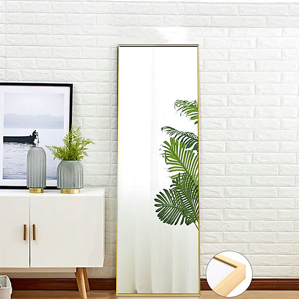 Miroir en Pied 150x40 cm, sur pied ou mural, cadre aluminium, grand miroir rectangulaire pour salon ou chambre, Doré