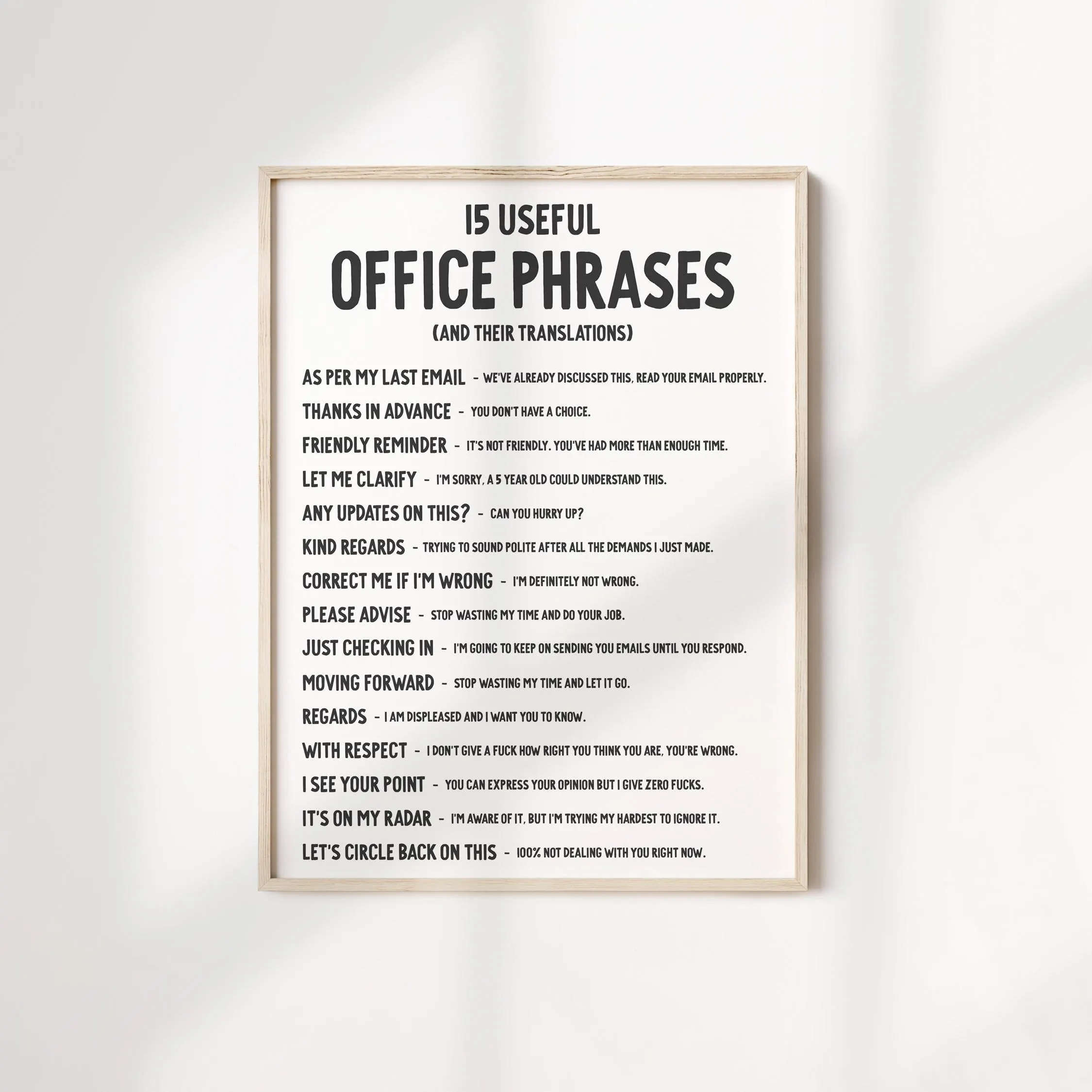 Office Email Phrases Print | Passive Aggressive Humour | Black & Cream | Wall Art | Unframed