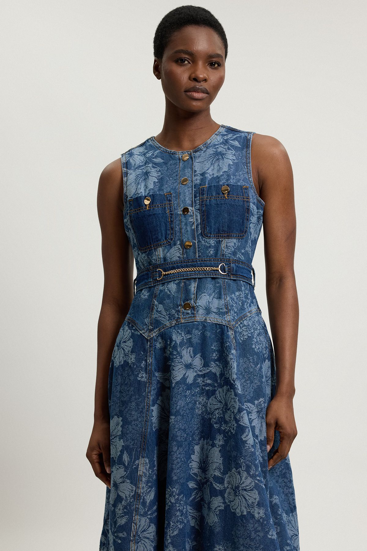 KarenMillen Jacquard Denim Full Skirted Midi Dress
