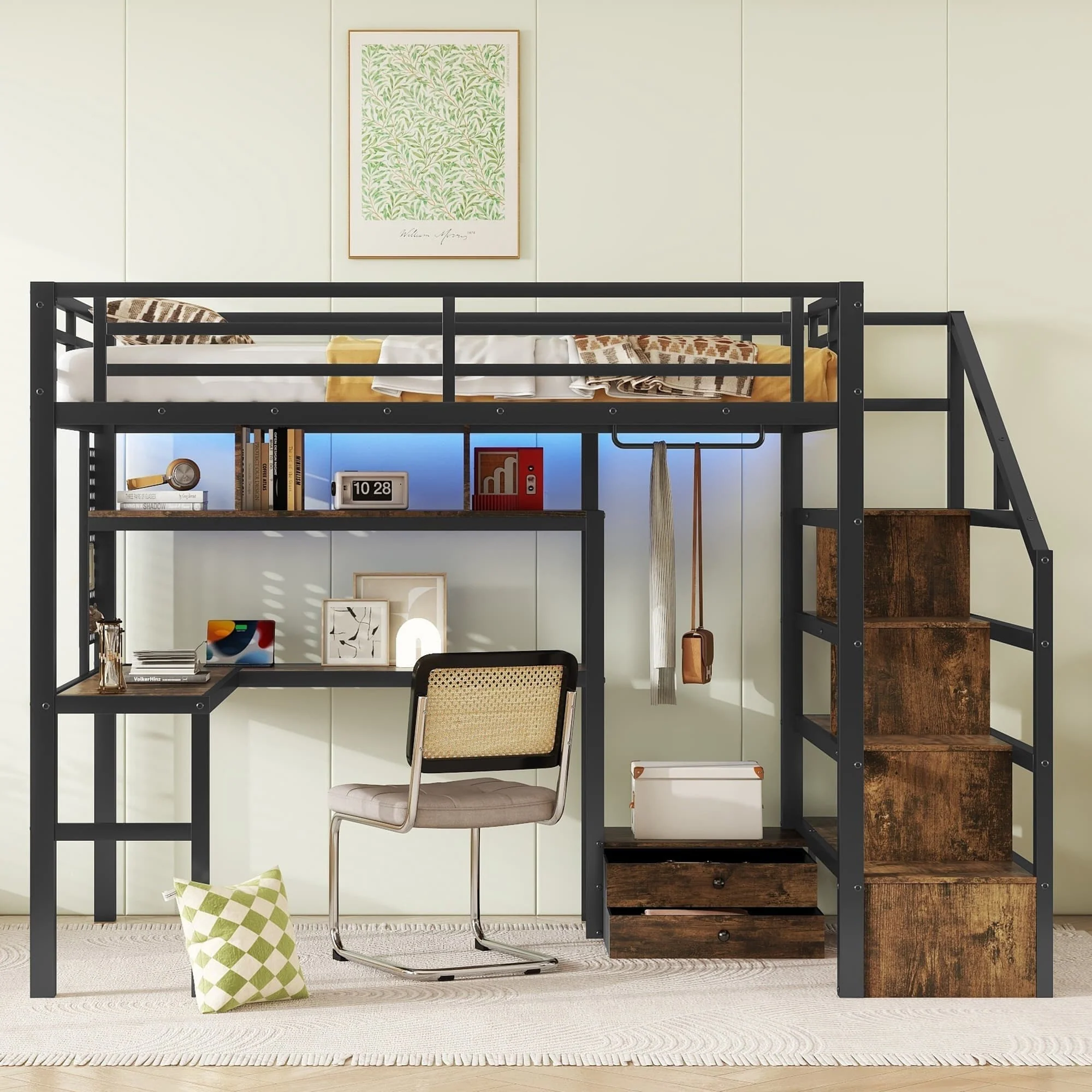 Full Size Iron LED Storage Loft Bed Frame with Stair, Desk and Drawers