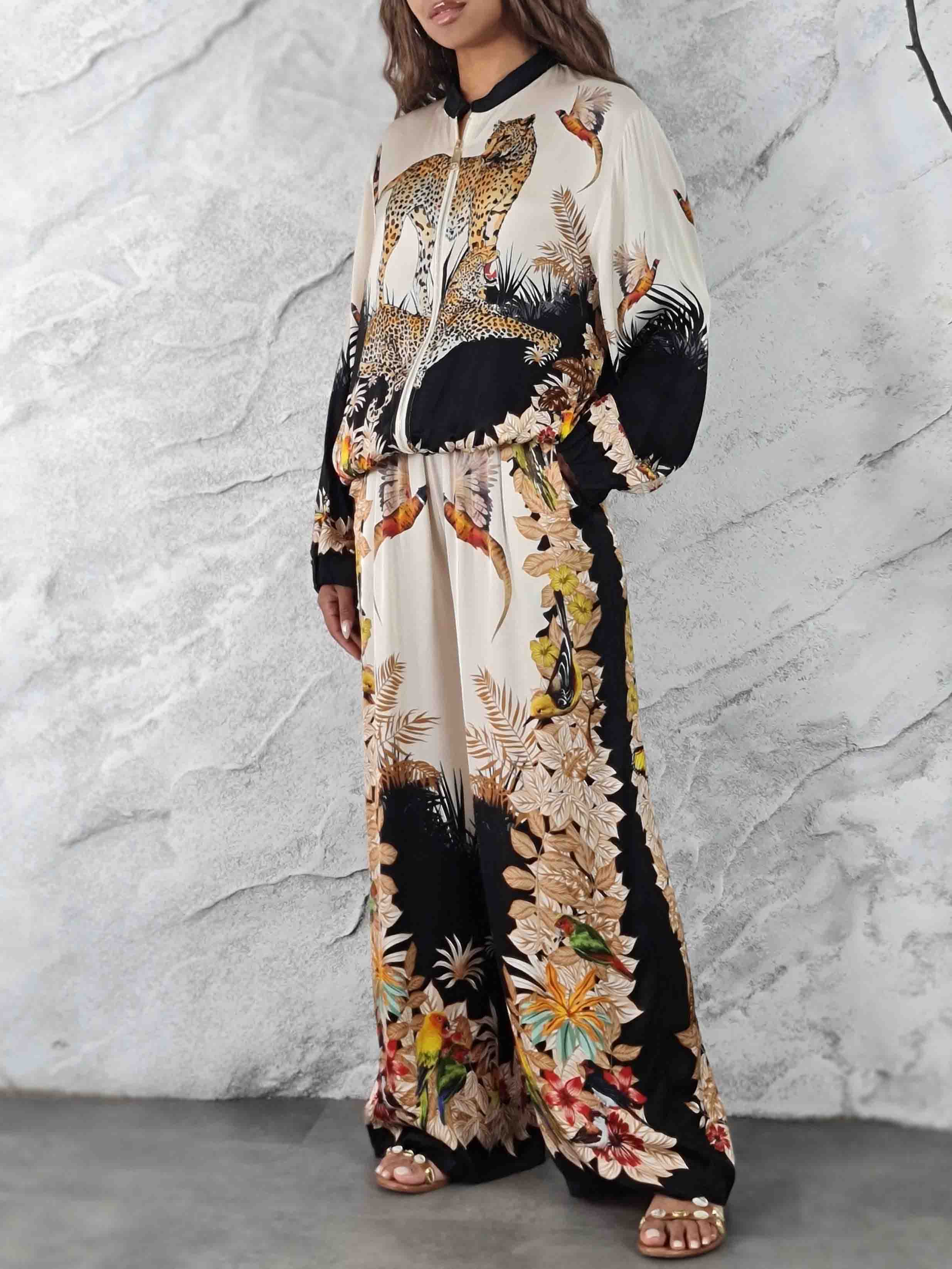 Exotic Jungle Print Wide Leg Pants
