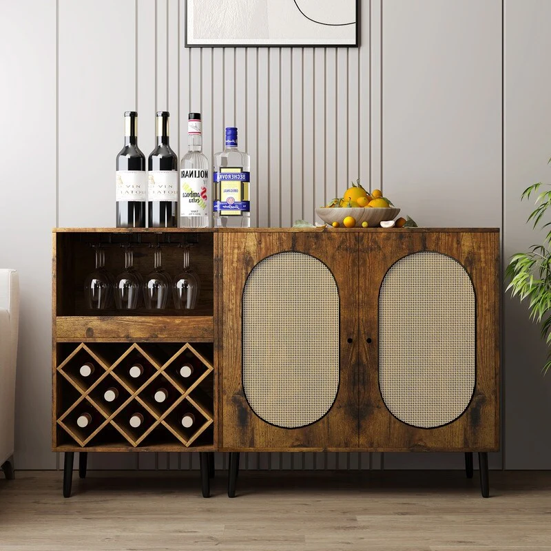 Mixoy Convertible Wine Bar Cabinet,55 Rattan Buffet Sideboard with Shelf, Home Liquor Cabinet with Wine Rack & Glass Holder