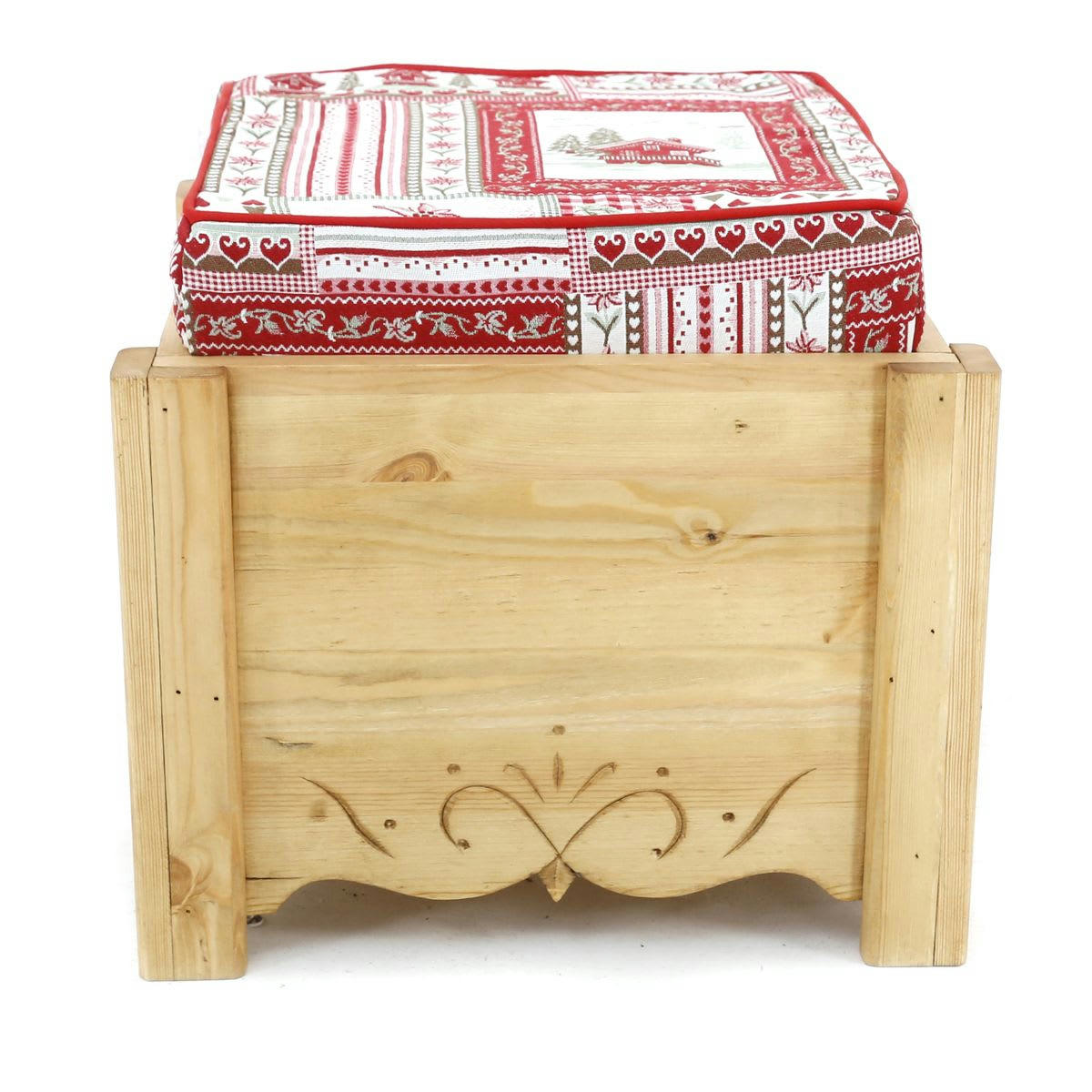 DAHU - Pouf coffre de rangement pin massif sculpté Vanoise rouge Aspin